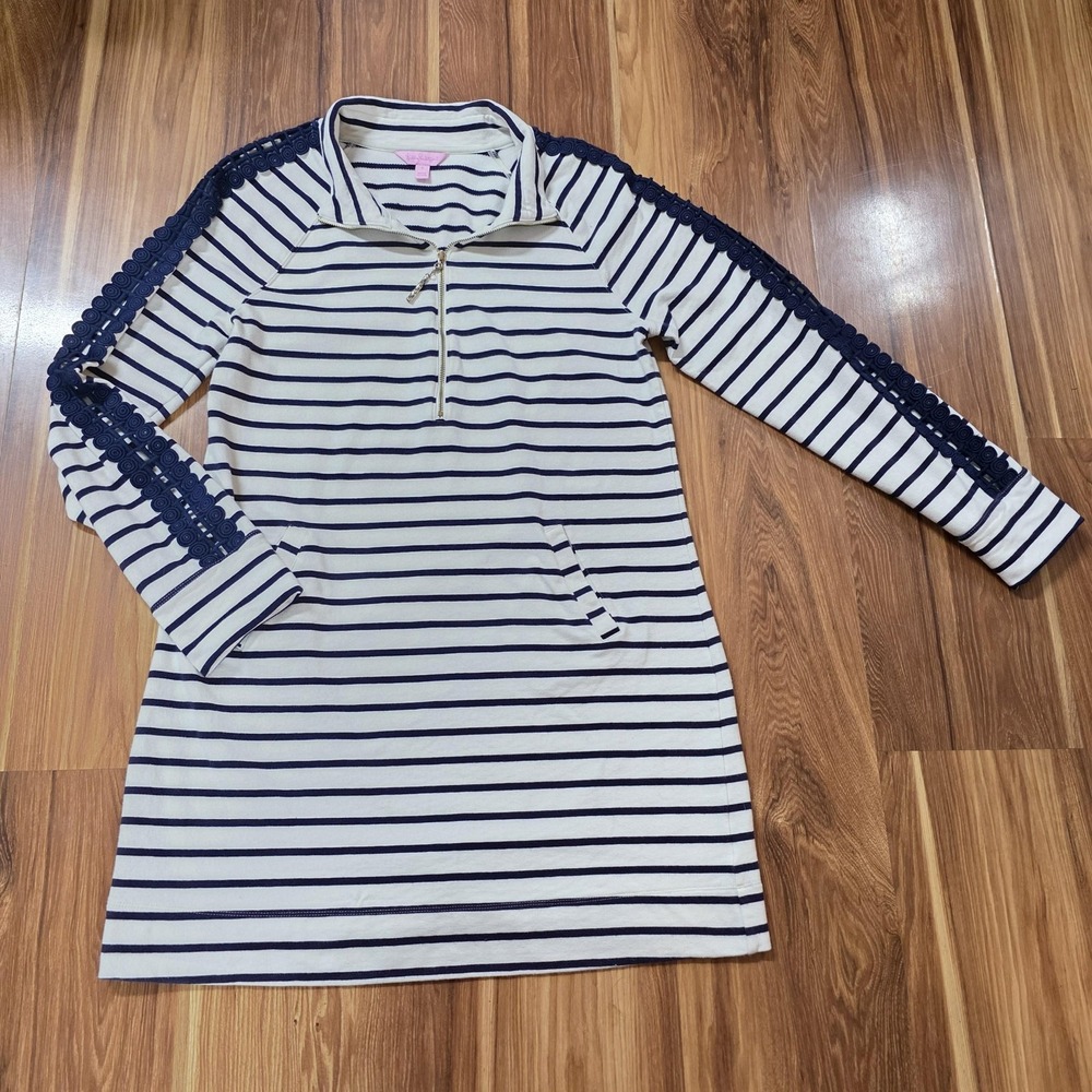 Lilly Pulitzer Dress Womens Large Blue Striped Crochet Trim Zip Shift Nautical